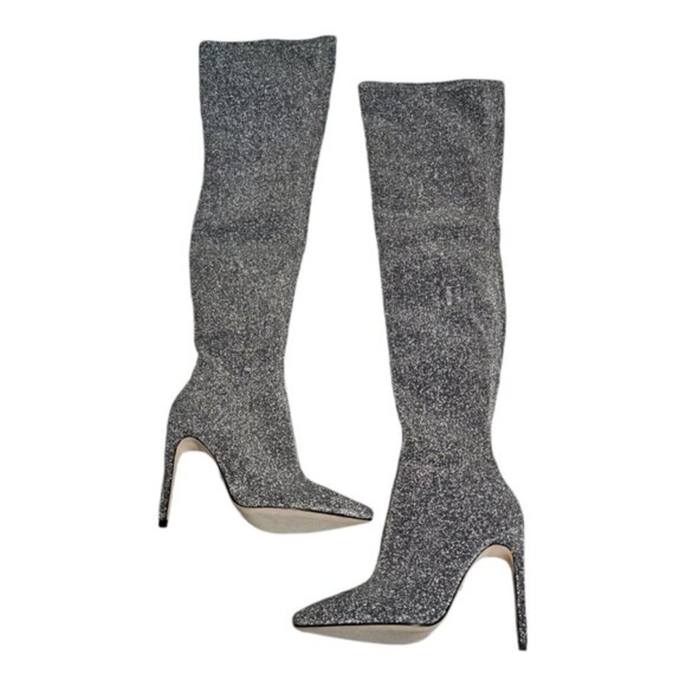 Raye Revolve Deluca Thigh High Boots Size 7 Silver‎ Metallic Stiletto Heel